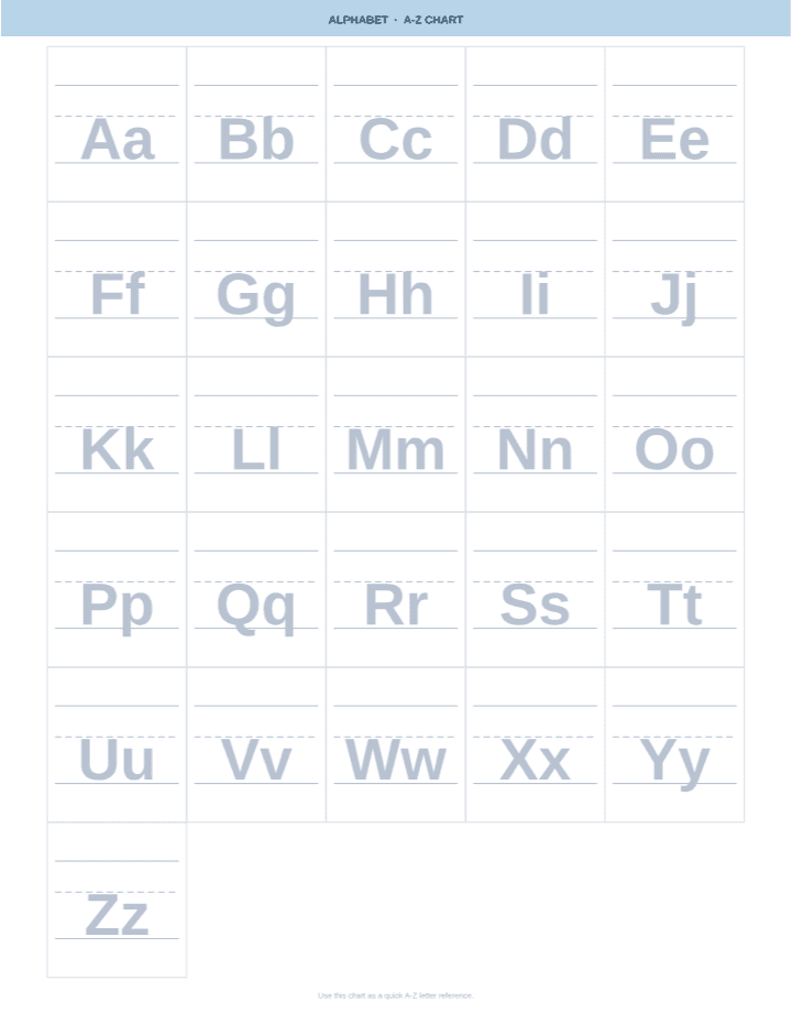 Alphabet Chart A-Z printable PDF preview — letter size