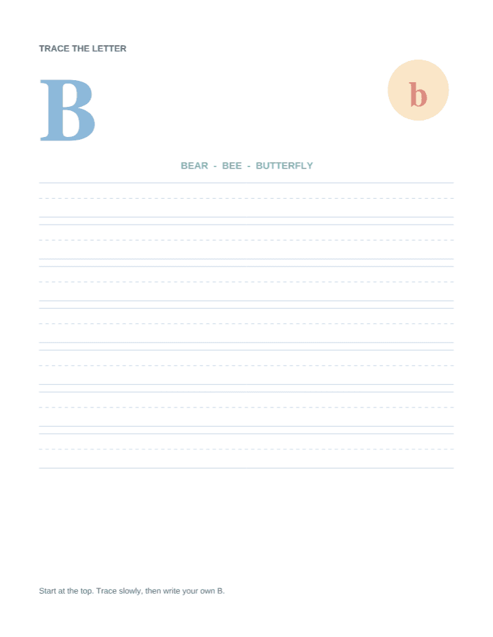 Letter B Animal Tracing Worksheet printable PDF preview — letter size
