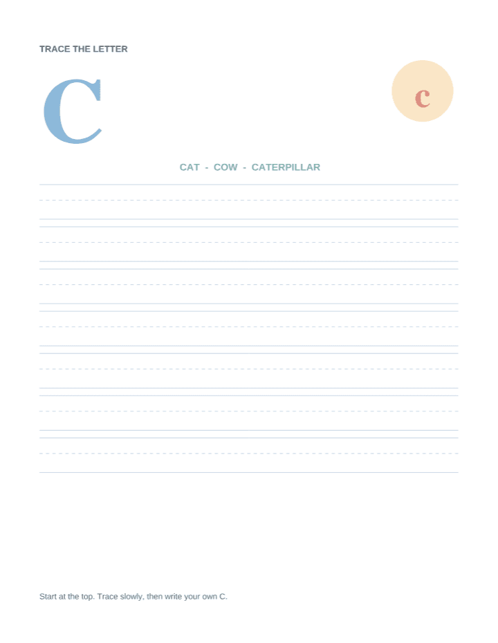 Letter C Animal Tracing Worksheet printable PDF preview — letter size