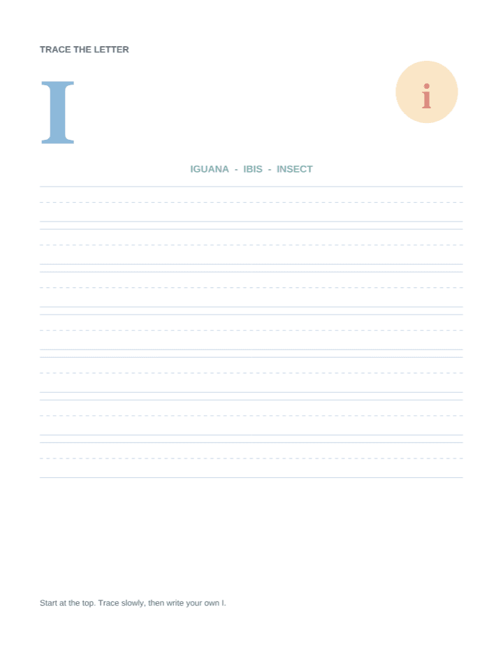 Letter I Animal Tracing Worksheet printable PDF preview — letter size