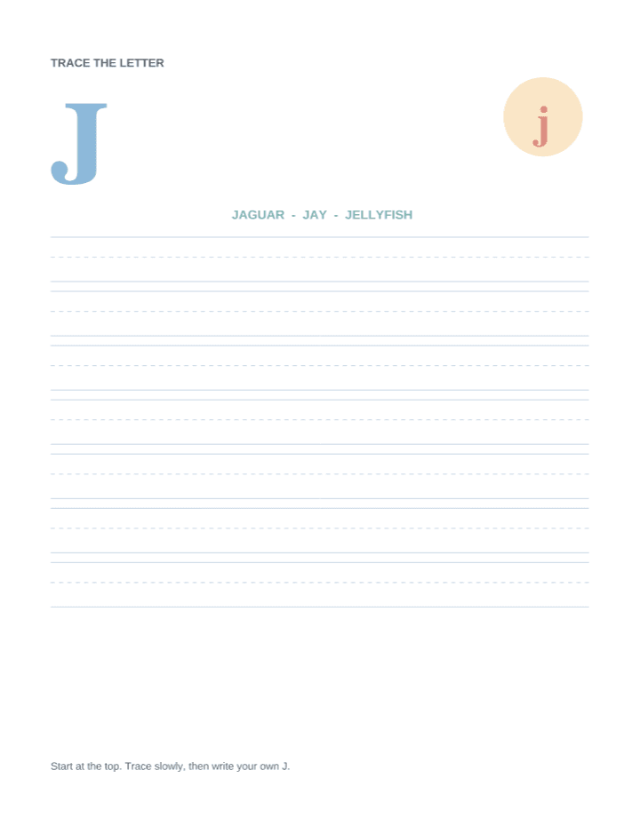 Letter J Animal Tracing Worksheet printable PDF preview — letter size