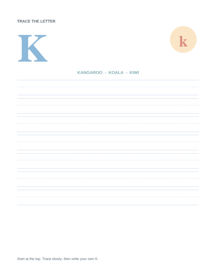 Letter K Animal Tracing Worksheet printable PDF preview — letter size