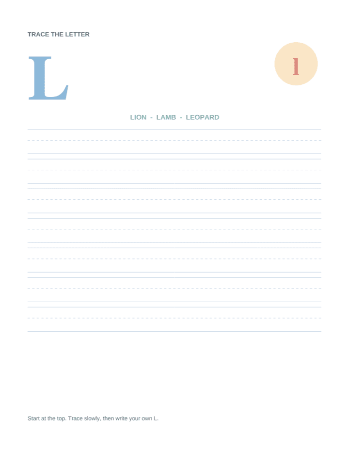 Letter L Animal Tracing Worksheet printable PDF preview — letter size