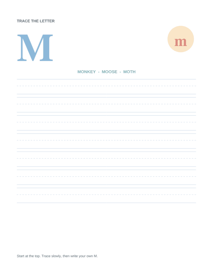 Letter M Animal Tracing Worksheet printable PDF preview — letter size