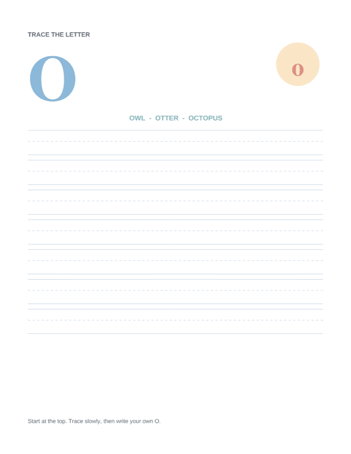 Letter O Animal Tracing Worksheet printable PDF preview — letter size