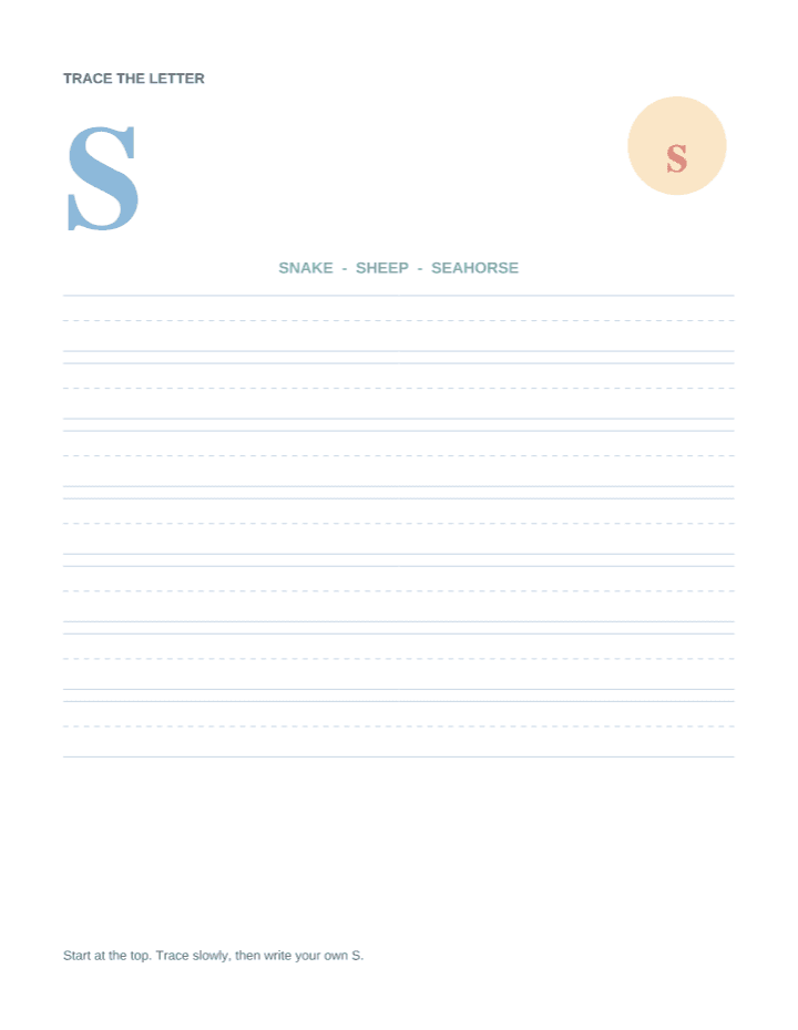 Letter S Animal Tracing Worksheet printable PDF preview — letter size
