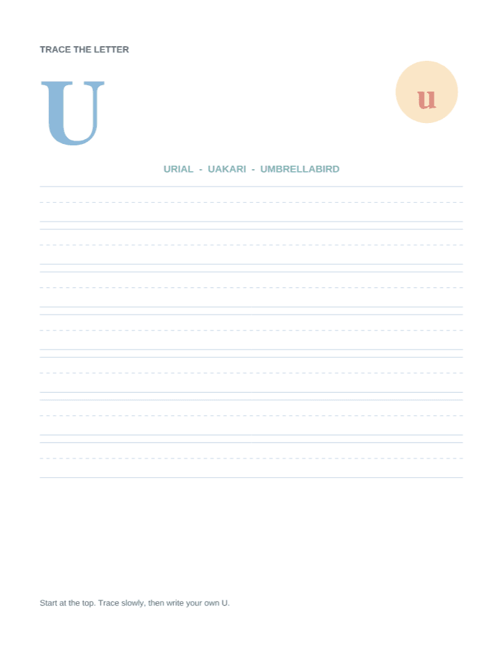 Letter U Animal Tracing Worksheet printable PDF preview — letter size