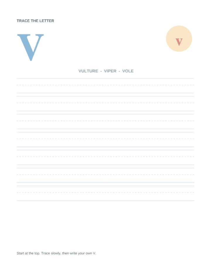 Letter V Animal Tracing Worksheet printable PDF preview — letter size