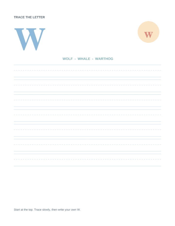 Letter W Animal Tracing Worksheet printable PDF preview — letter size