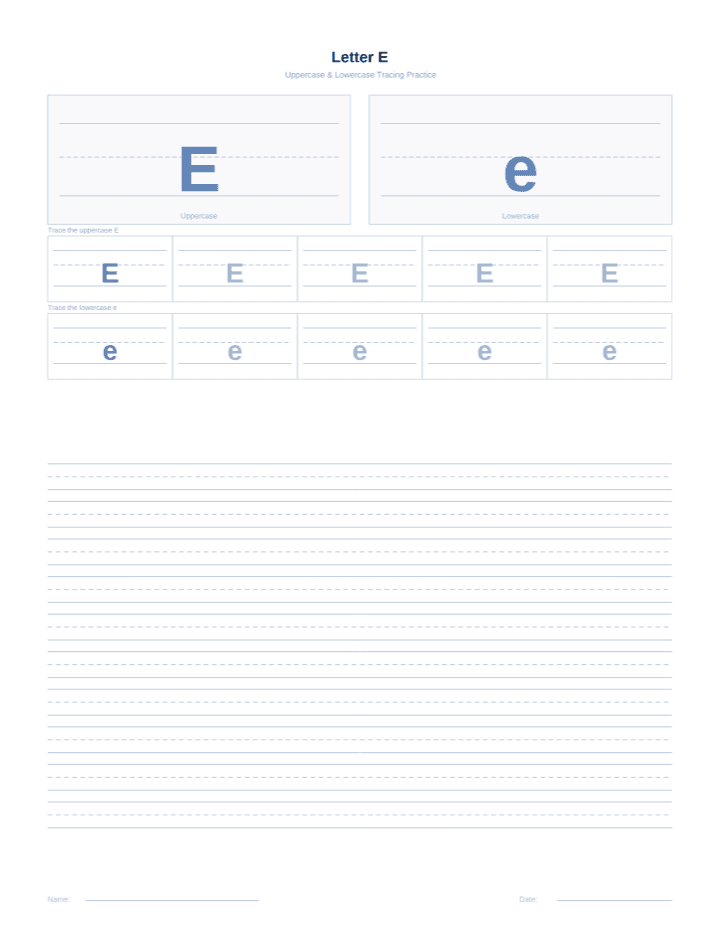 Letter E Tracing Worksheet printable PDF preview — letter size