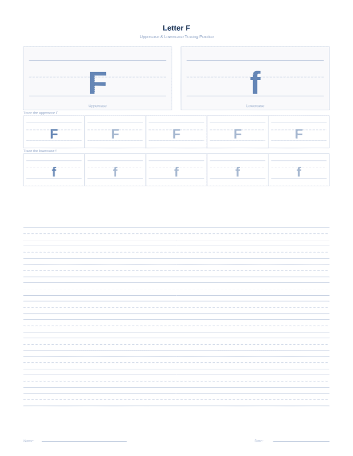 Letter F Tracing Worksheet printable PDF preview — letter size