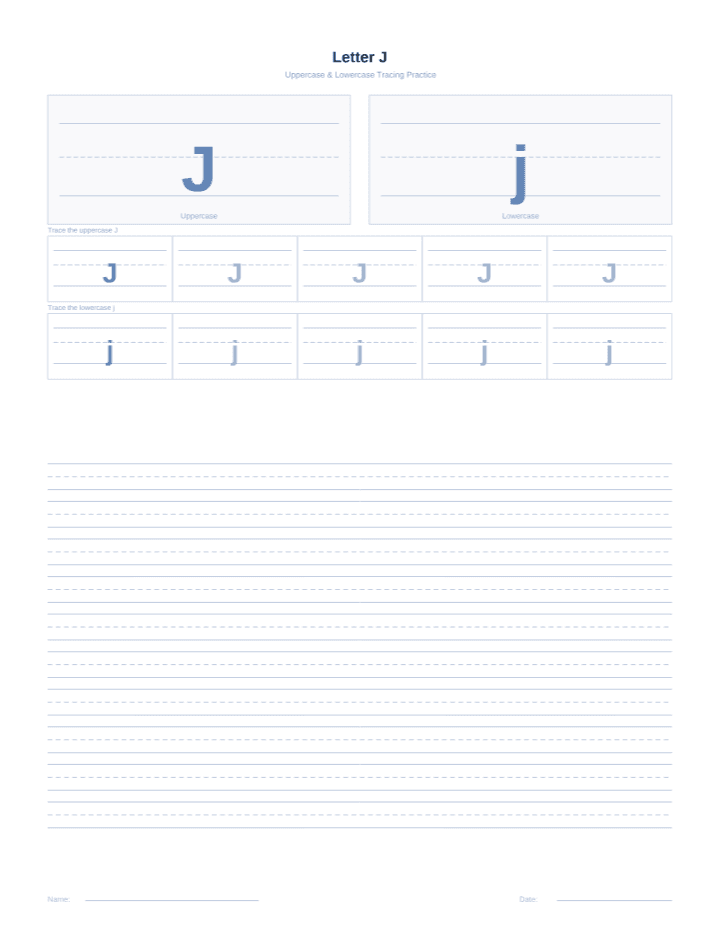 Letter J Tracing Worksheet printable PDF preview — letter size
