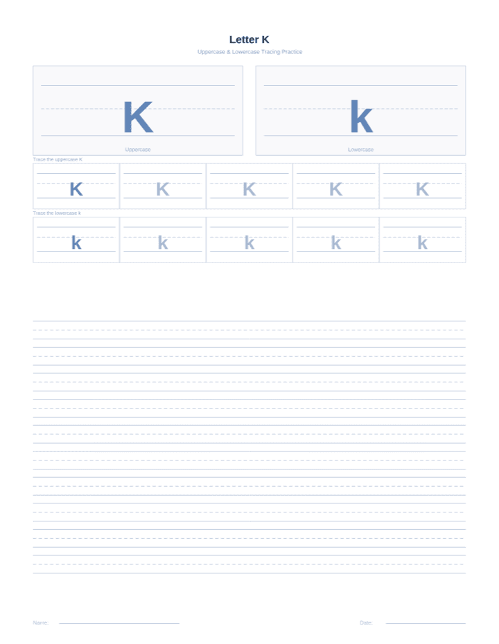 Letter K Tracing Worksheet printable PDF preview — letter size