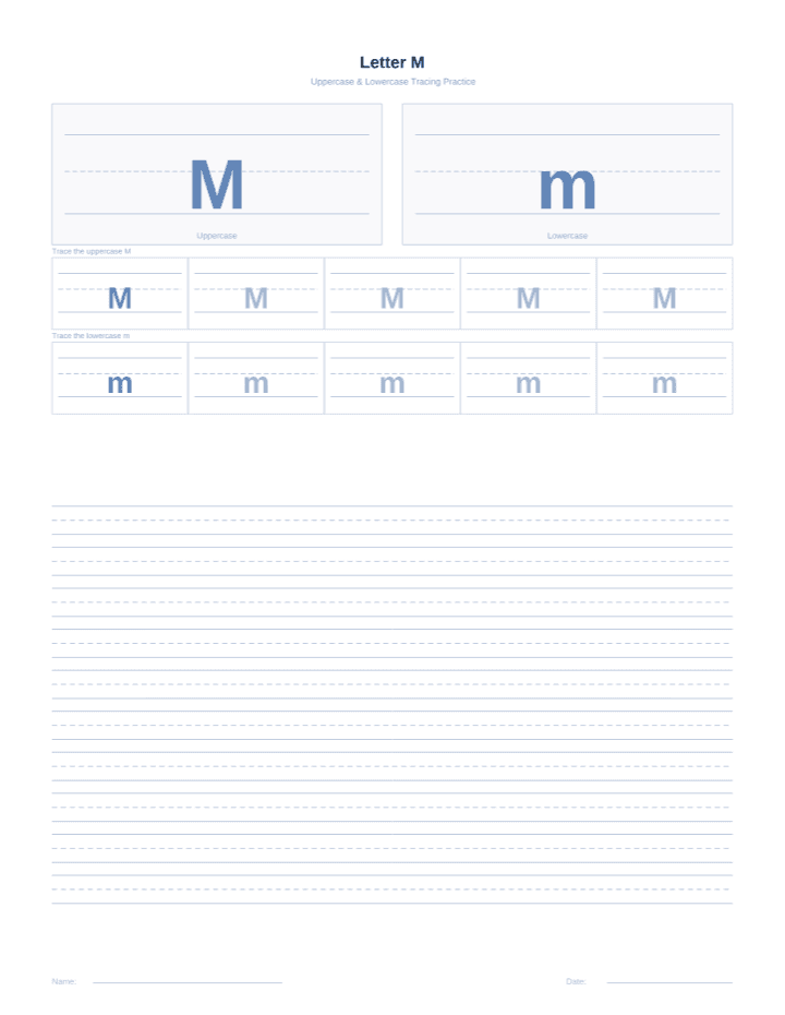Letter M Tracing Worksheet printable PDF preview — letter size