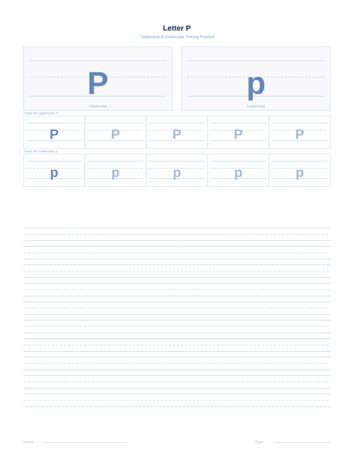 Letter P Tracing Worksheet printable PDF preview — letter size