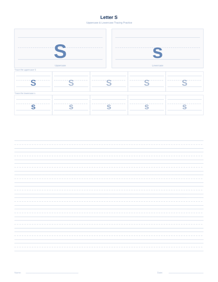 Letter S Tracing Worksheet printable PDF preview — letter size