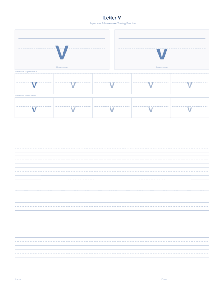 Letter V Tracing Worksheet printable PDF preview — letter size