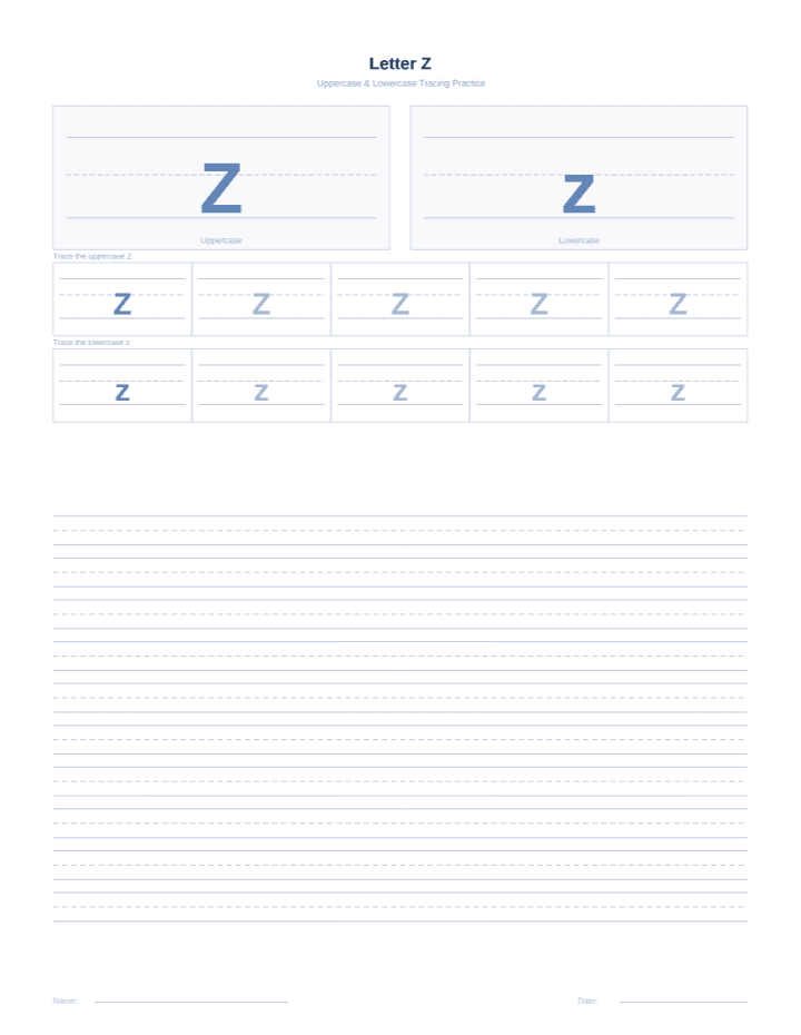 Letter Z Tracing Worksheet printable PDF preview — letter size
