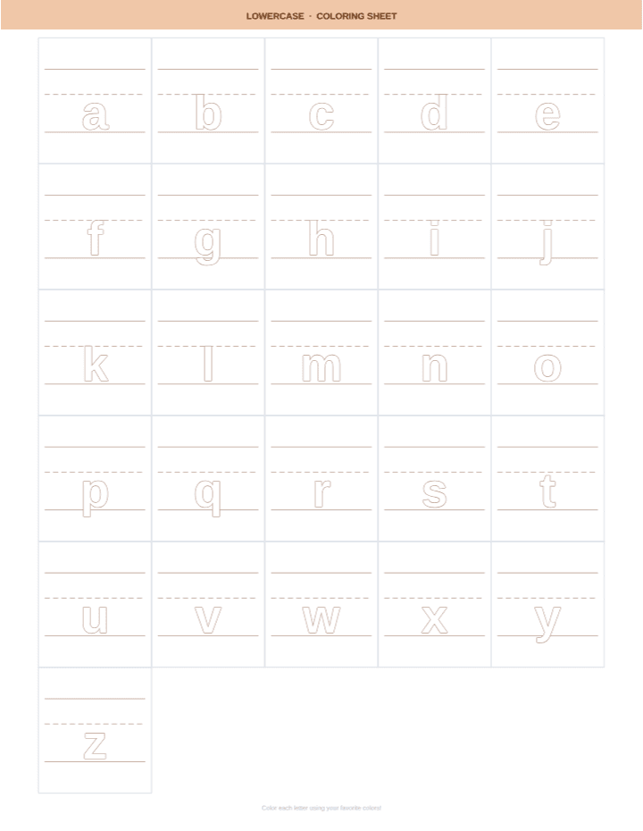 Lowercase Alphabet Coloring Sheet printable PDF preview — letter size