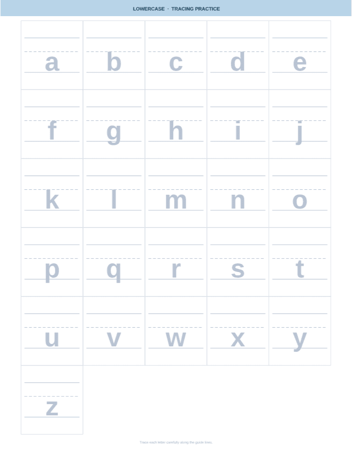 Lowercase Alphabet Tracing printable PDF preview — letter size