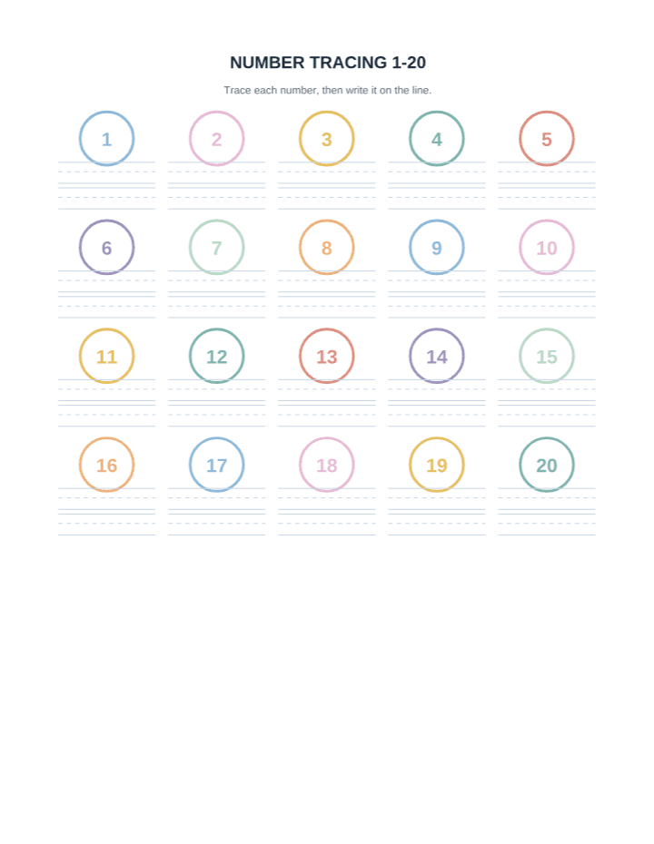 Number Tracing 1-20 printable PDF preview — letter size