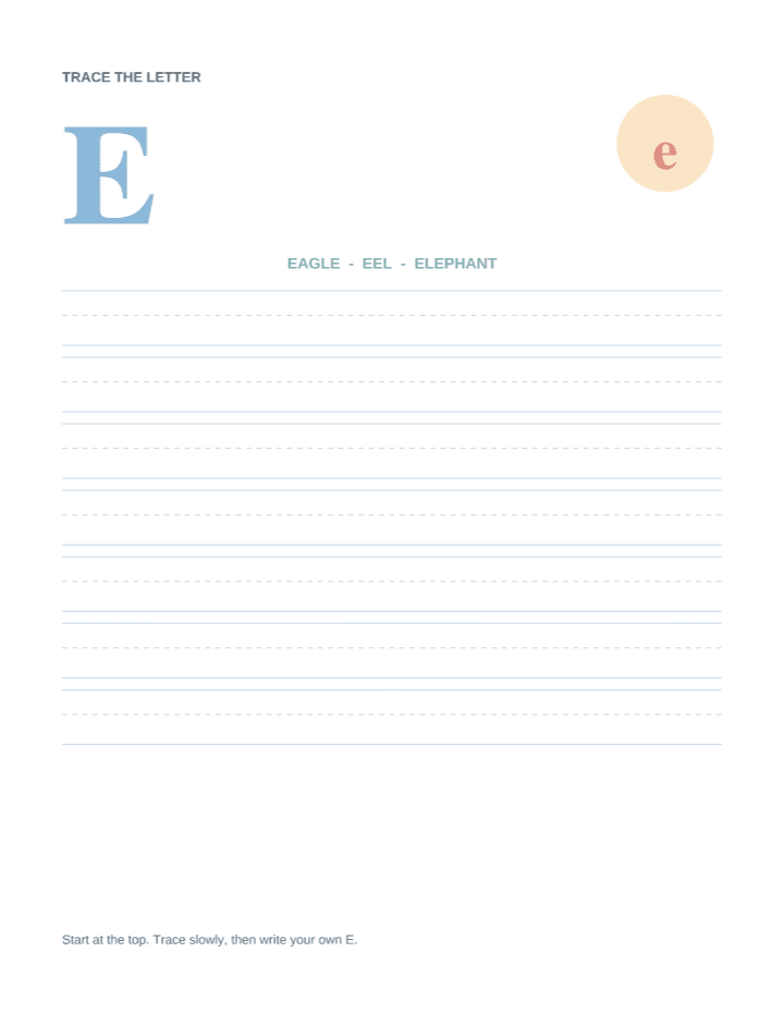 Letter E Animal Tracing Worksheet printable PDF preview — letter size