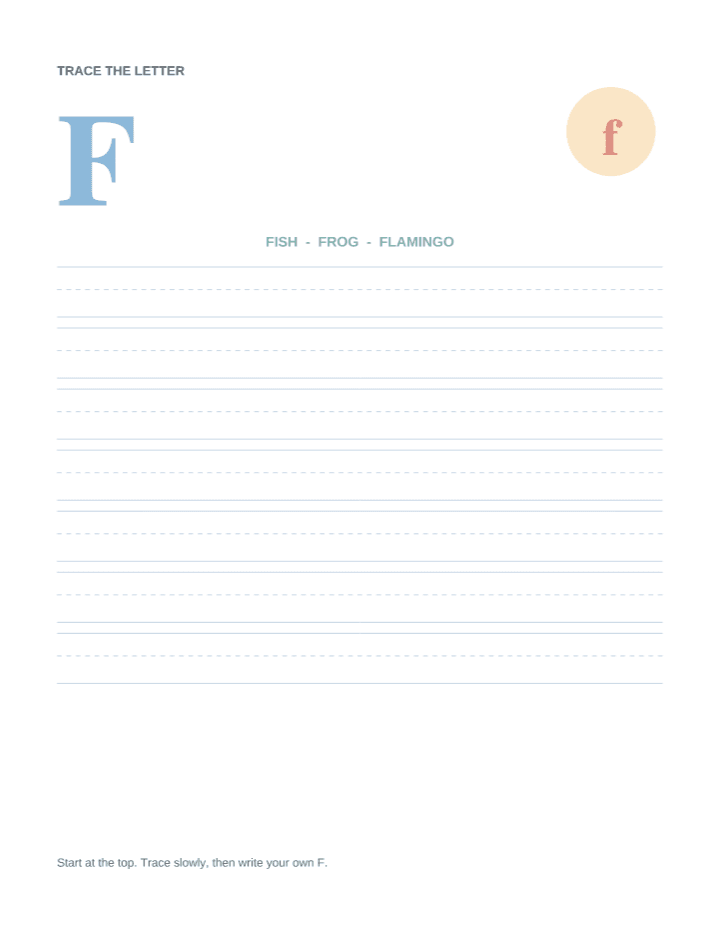 Letter F Animal Tracing Worksheet printable PDF preview — letter size