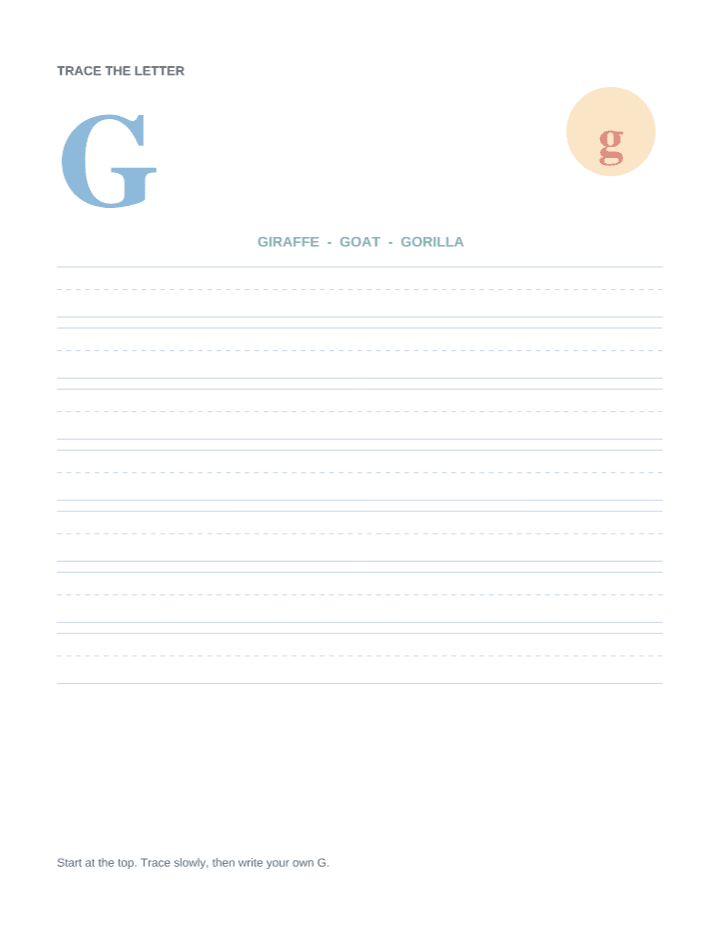 Letter G Animal Tracing Worksheet printable PDF preview — letter size