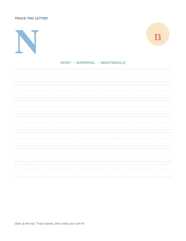Letter N Animal Tracing Worksheet printable PDF preview — letter size