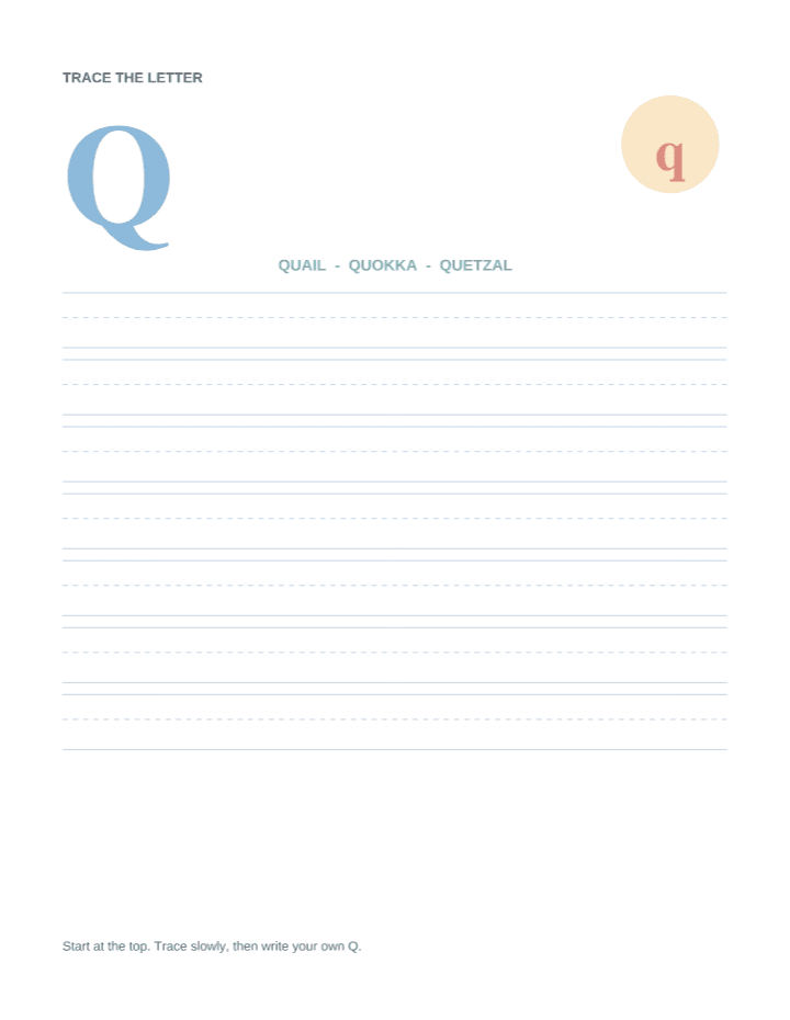 Letter Q Animal Tracing Worksheet printable PDF preview — letter size