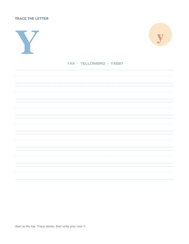 Letter Y Animal Tracing Worksheet printable PDF preview — letter size