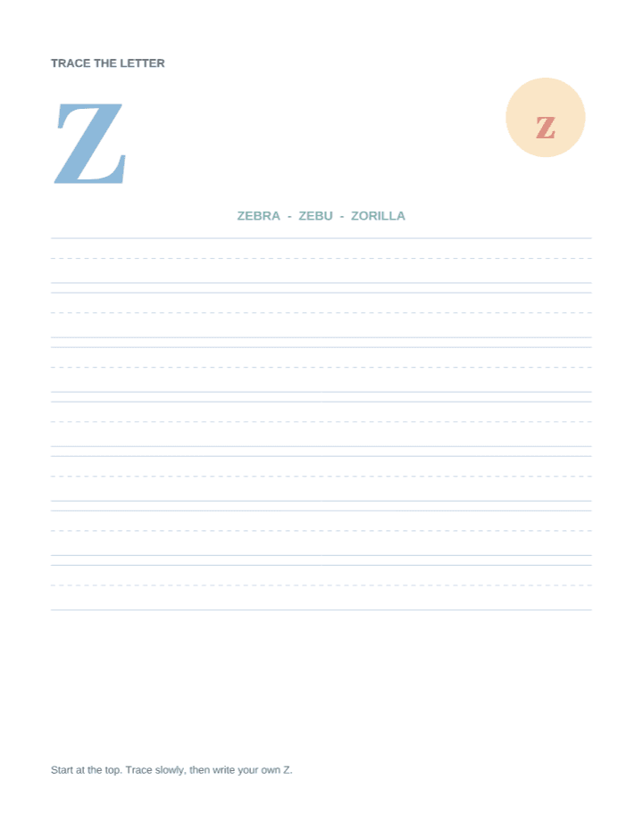 Letter Z Animal Tracing Worksheet printable PDF preview — letter size