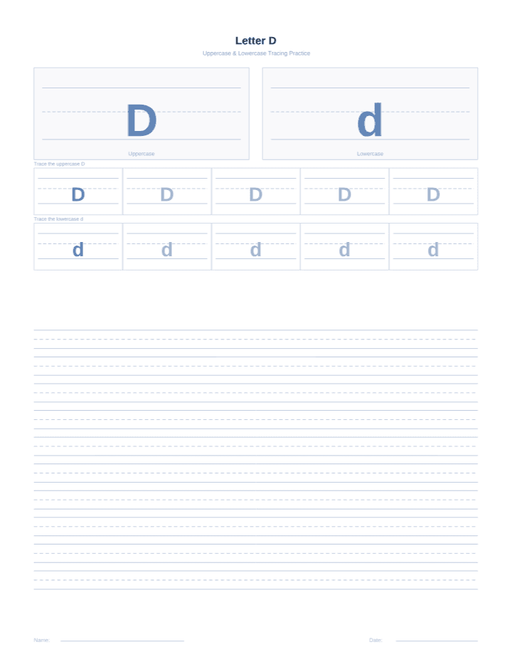Letter D Tracing Worksheet printable PDF preview — letter size