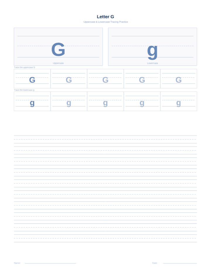 Letter G Tracing Worksheet printable PDF preview — letter size