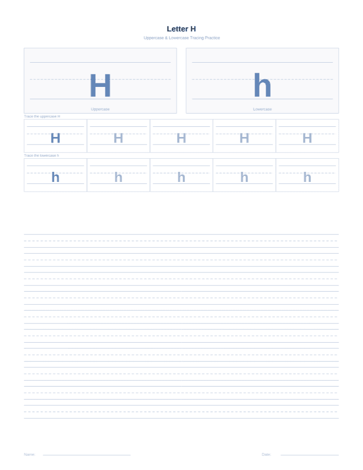 Letter H Tracing Worksheet printable PDF preview — letter size