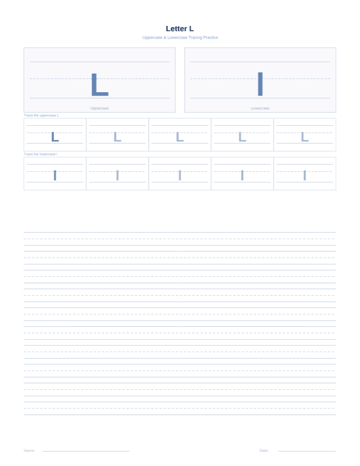 Letter L Tracing Worksheet printable PDF preview — letter size