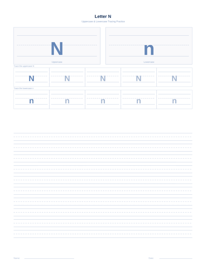 Letter N Tracing Worksheet printable PDF preview — letter size
