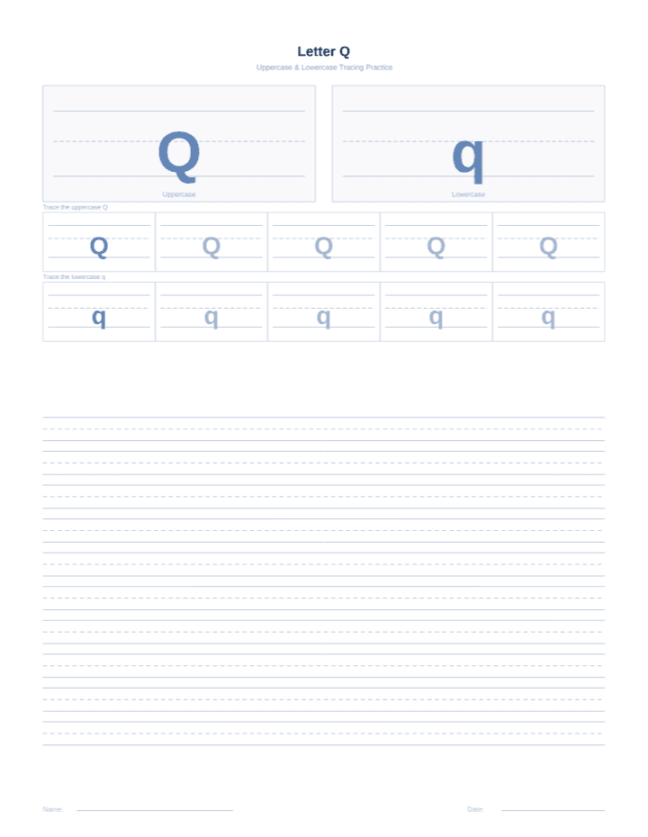 Letter Q Tracing Worksheet printable PDF preview — letter size