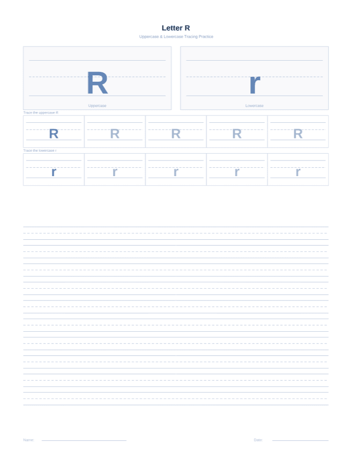 Letter R Tracing Worksheet printable PDF preview — letter size