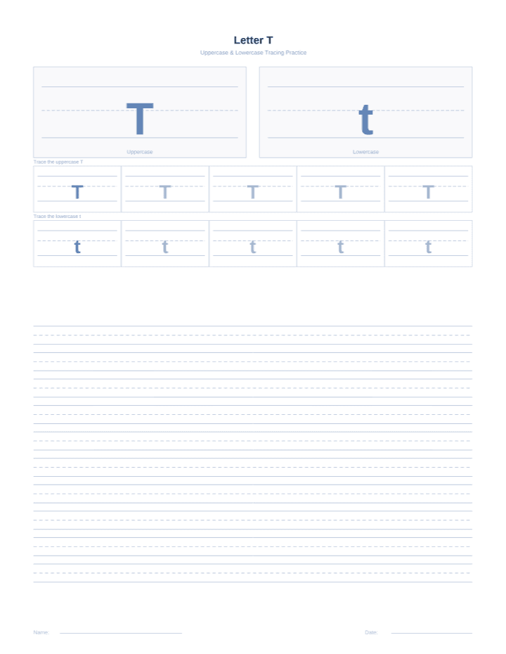 Letter T Tracing Worksheet printable PDF preview — letter size