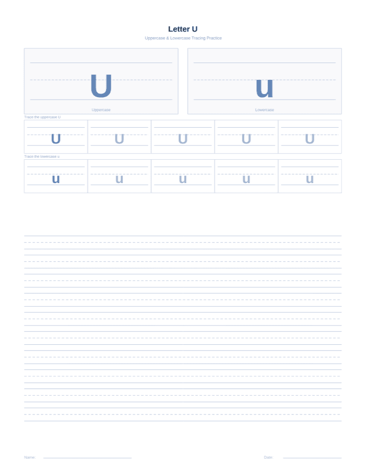 Letter U Tracing Worksheet printable PDF preview — letter size