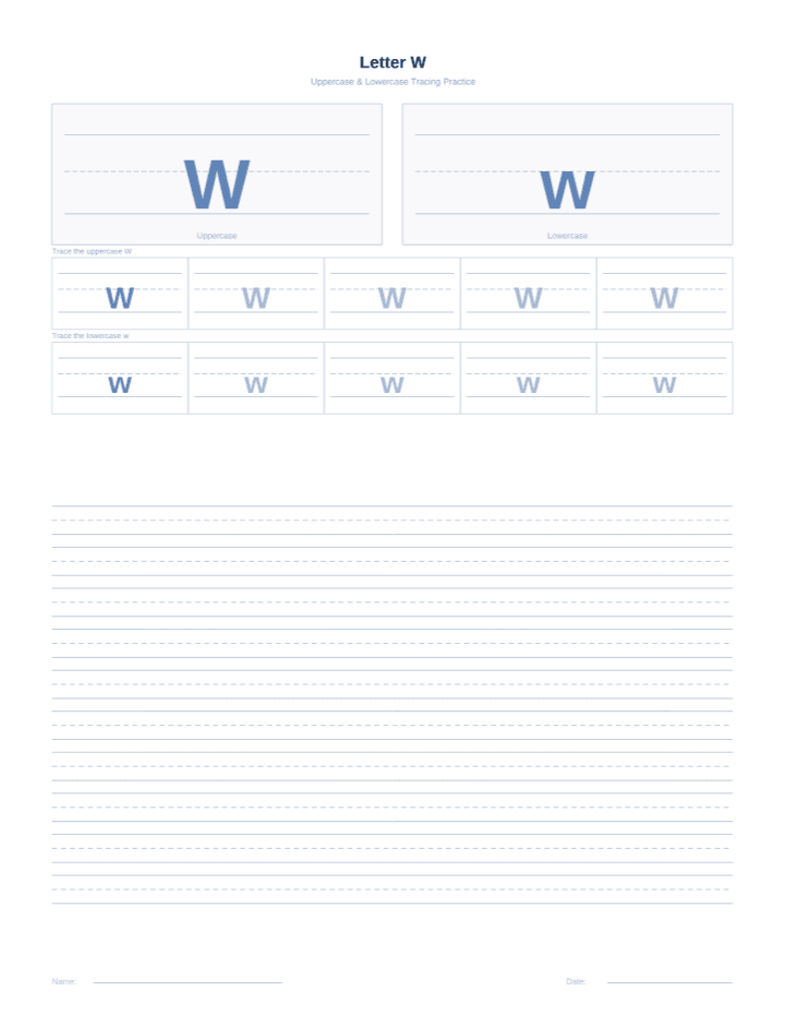 Letter W Tracing Worksheet printable PDF preview — letter size