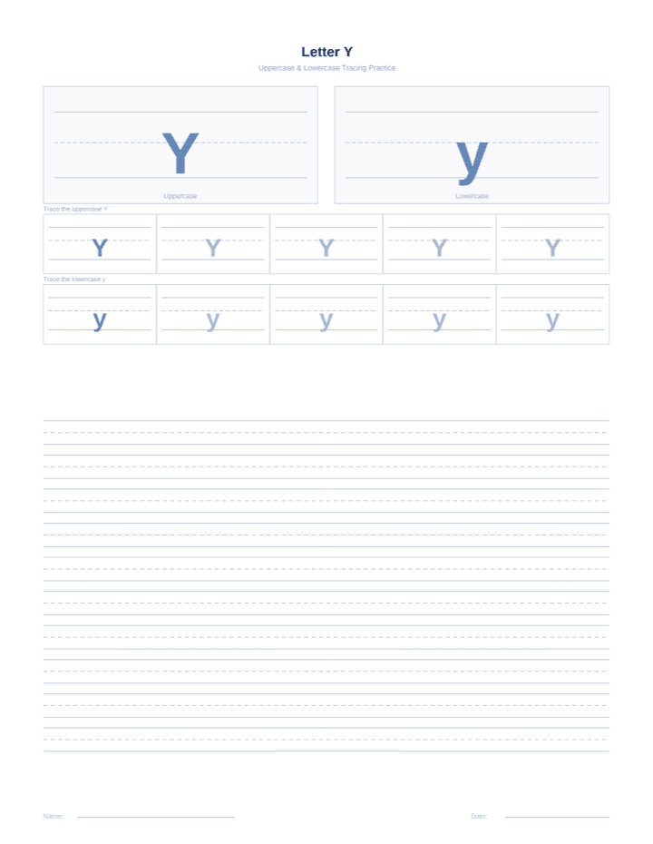 Letter Y Tracing Worksheet printable PDF preview — letter size