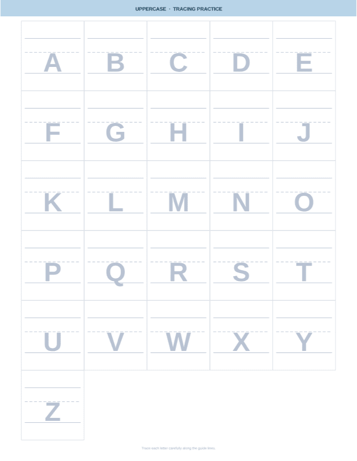 Uppercase Alphabet Tracing printable PDF preview — letter size